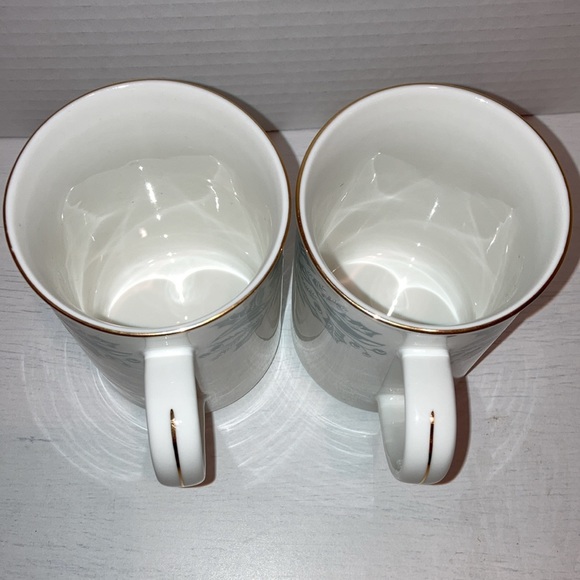 Libbey Tableware 2 Mugs Cups White Grey Silver Bow Pattern Gold Trim Rim Handle - Picture 5 of 6